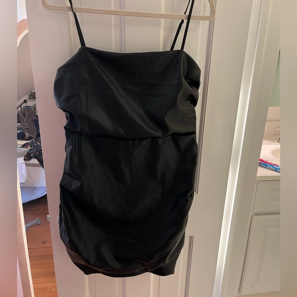 Lulu’s Be a Stunner Black Vegan Leather Ruched Bodycon Mini Dress